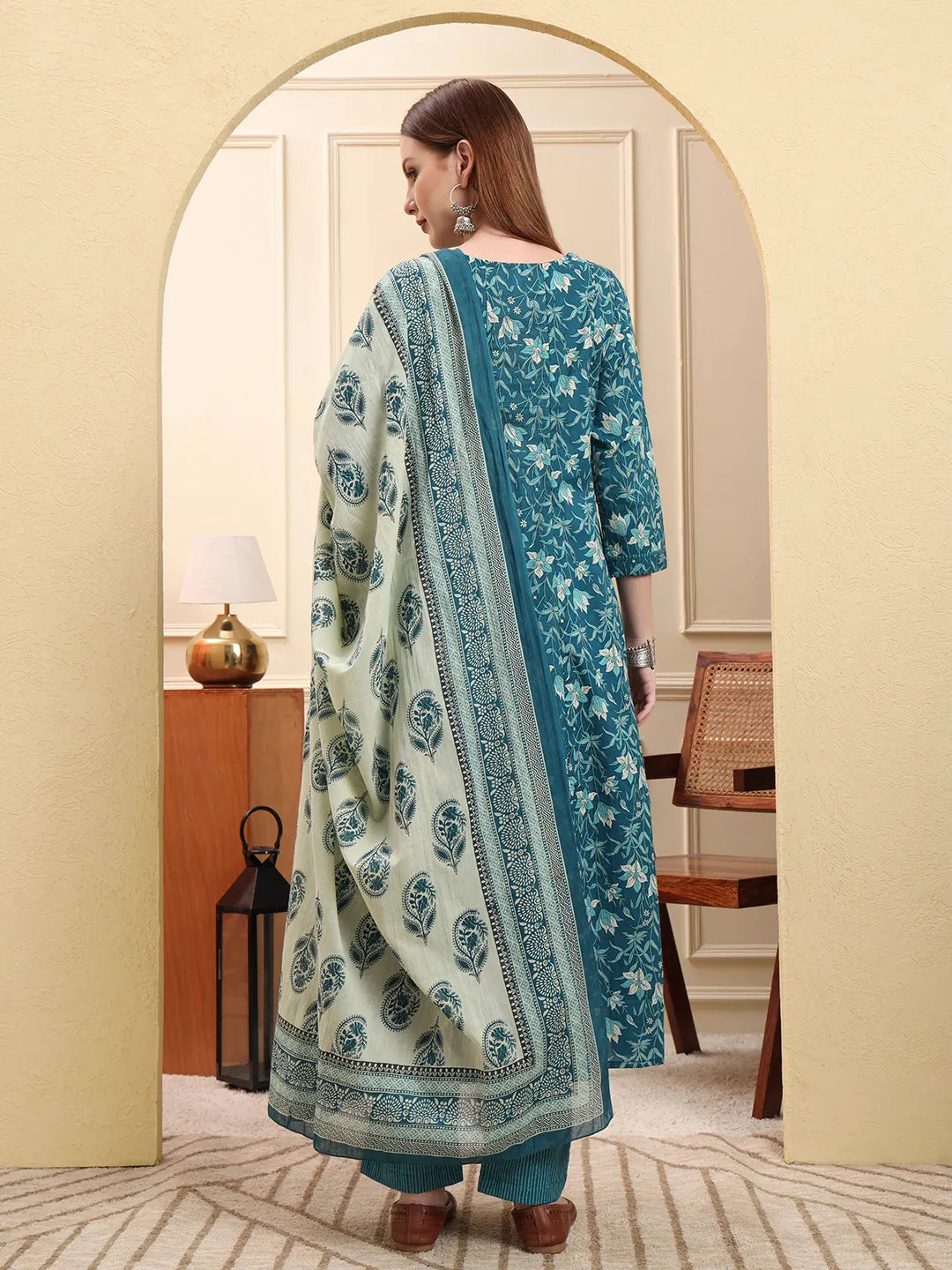 Blue Pure Cotton Thread Work Anarkali Kurta Trouser Dupatta Set