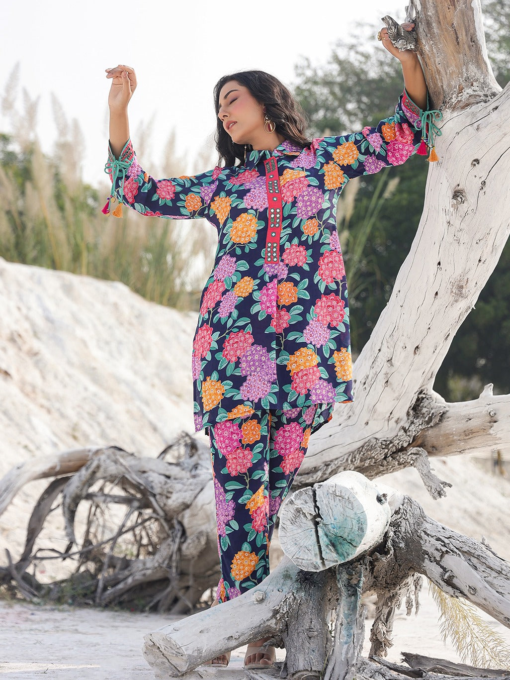 Blue Pure Muslin Co-ord Set For Women-Yufta Store-1905CRDBLM