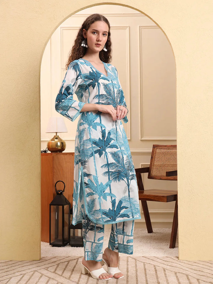 Blue Textured Print Straight Kurta Trouser Set Kurta