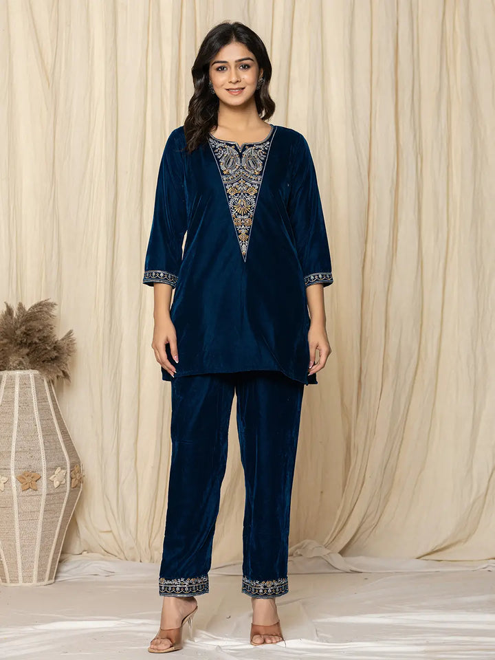 Blue Velvet Embroidered Co-Ord Set-Yufta Store-7158CRDBLS