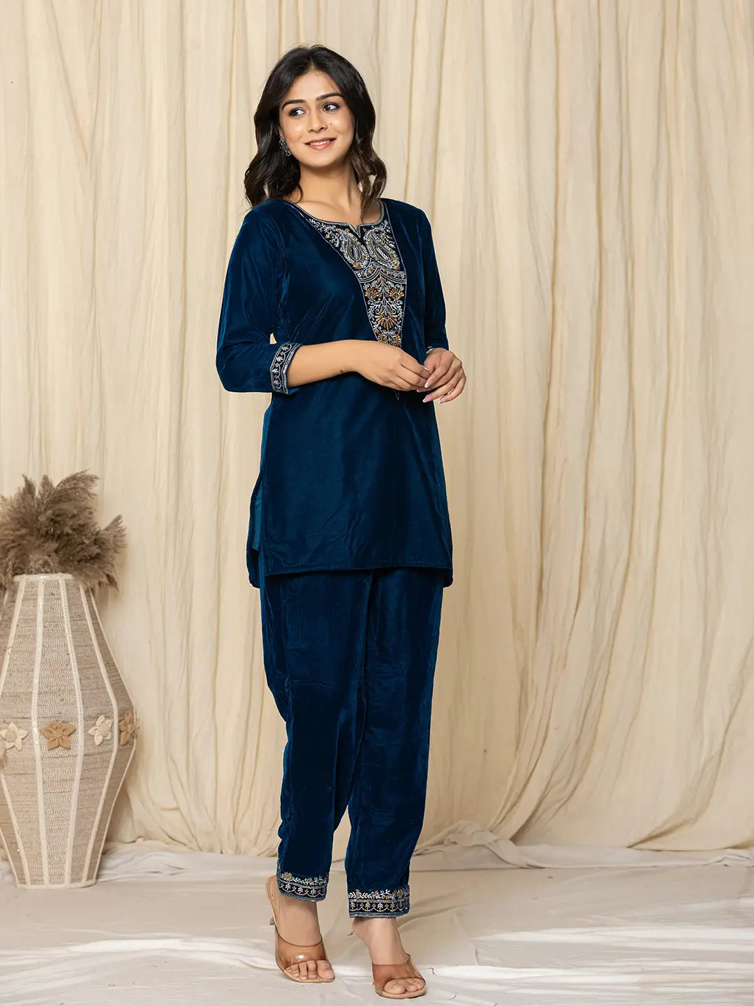 Blue Velvet Embroidered Co-Ord Set-Yufta Store-7158CRDBLS