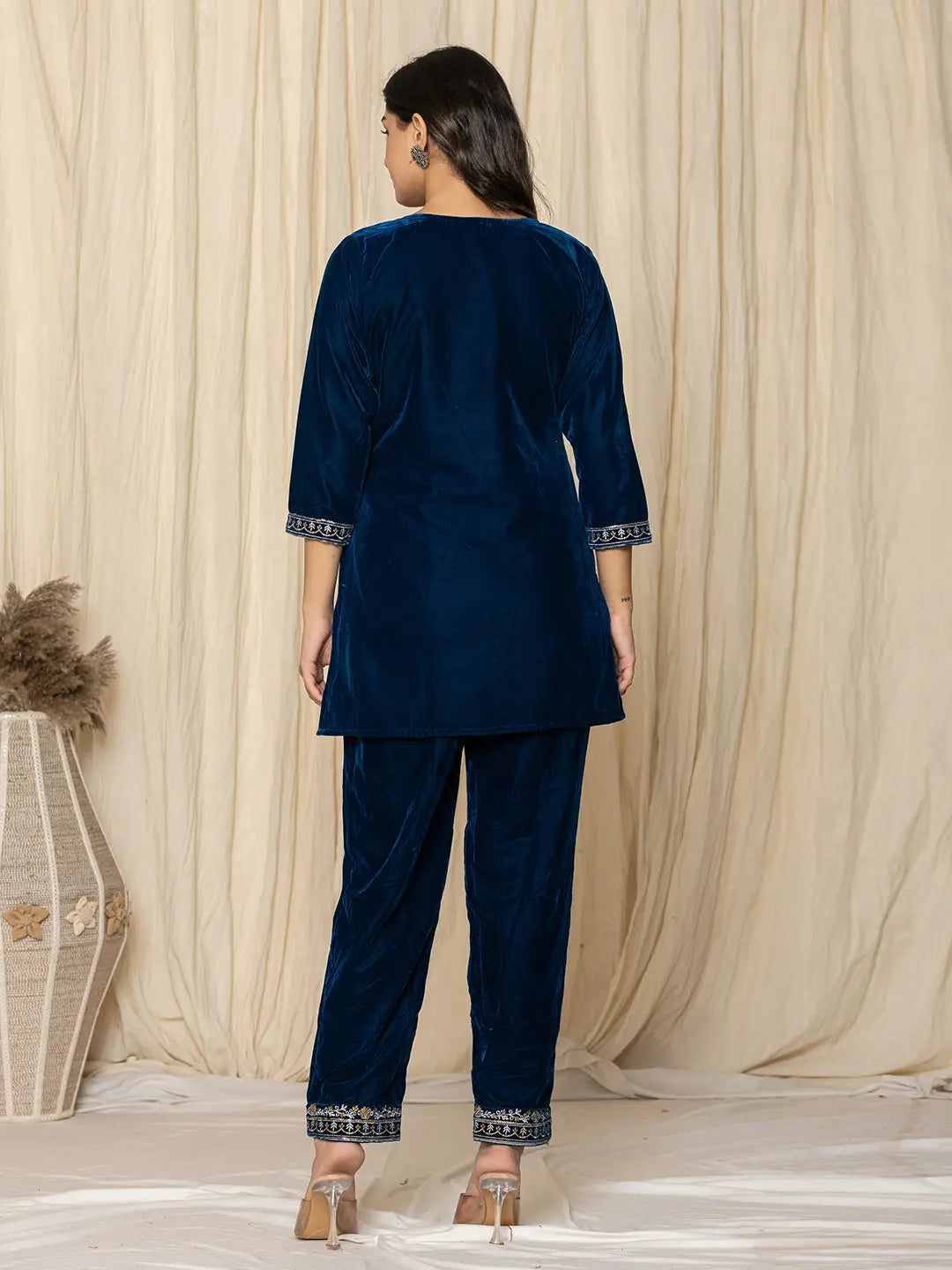 Blue Velvet Embroidered Co-Ord Set-Yufta Store-7158CRDBLS