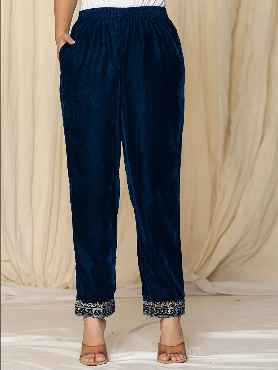 Blue Velvet Embroidered Co-Ord Set-Yufta Store-7158CRDBLS