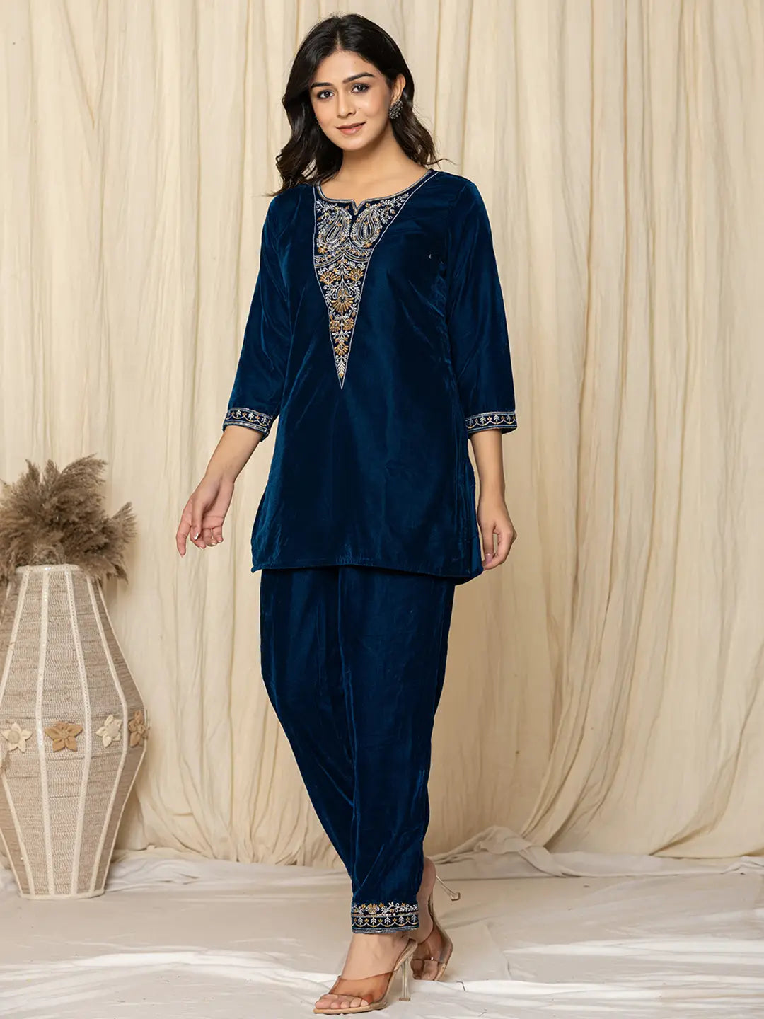 Blue Velvet Embroidered Co-Ord Set-Yufta Store-7158CRDBLS