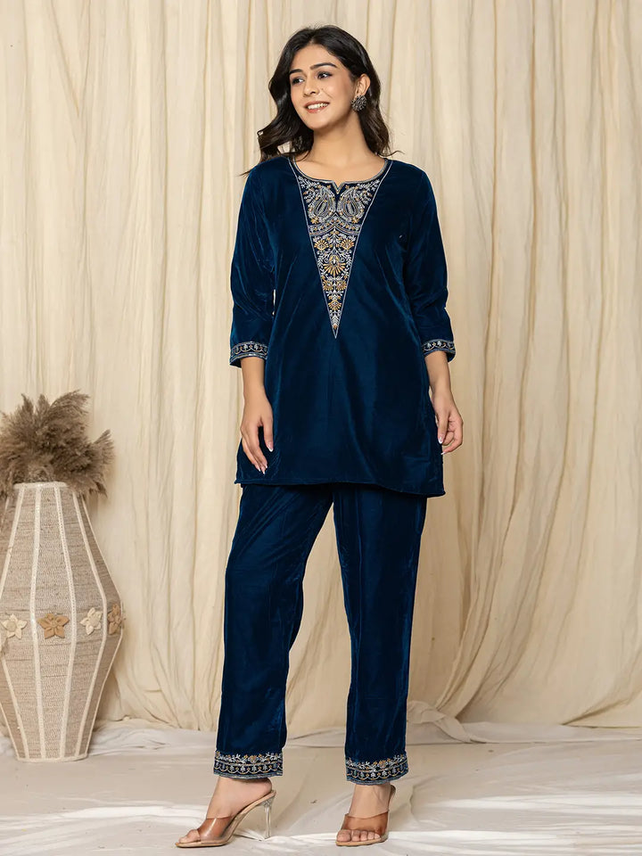 Blue Velvet Embroidered Co-Ord Set-Yufta Store-7158CRDBLS