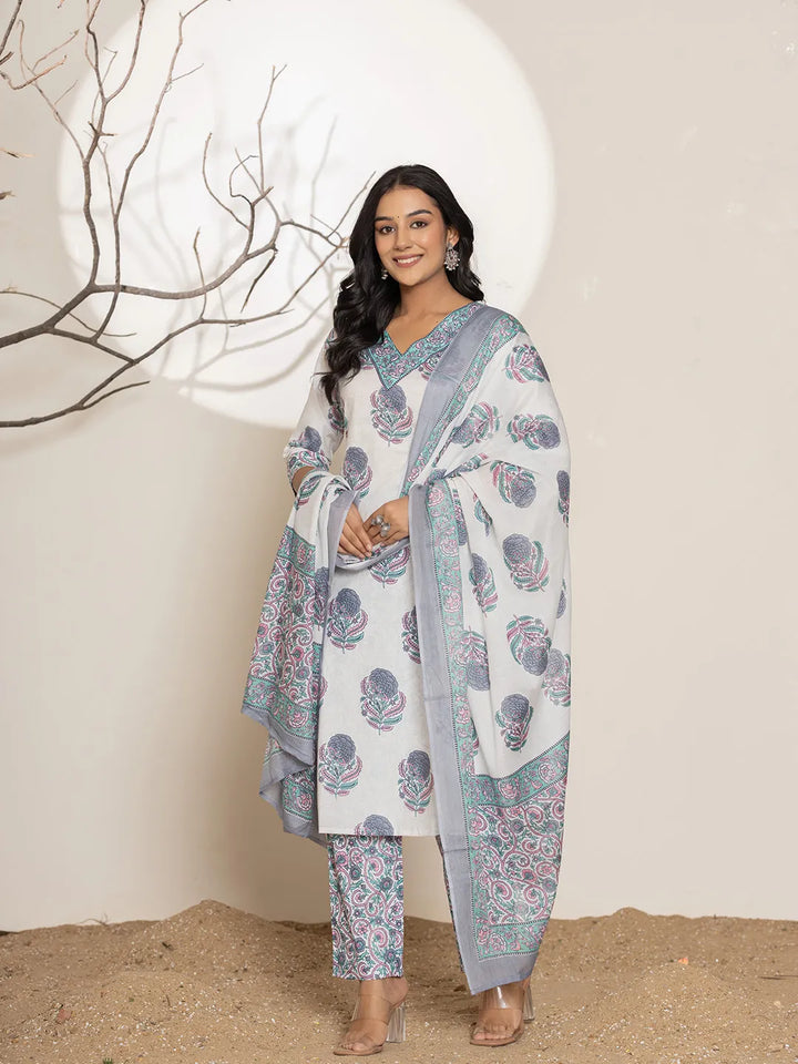 Blue & White Floral Print Cotton Straight Kurta Dupatta Set-Yufta Store-7002SKDBLS