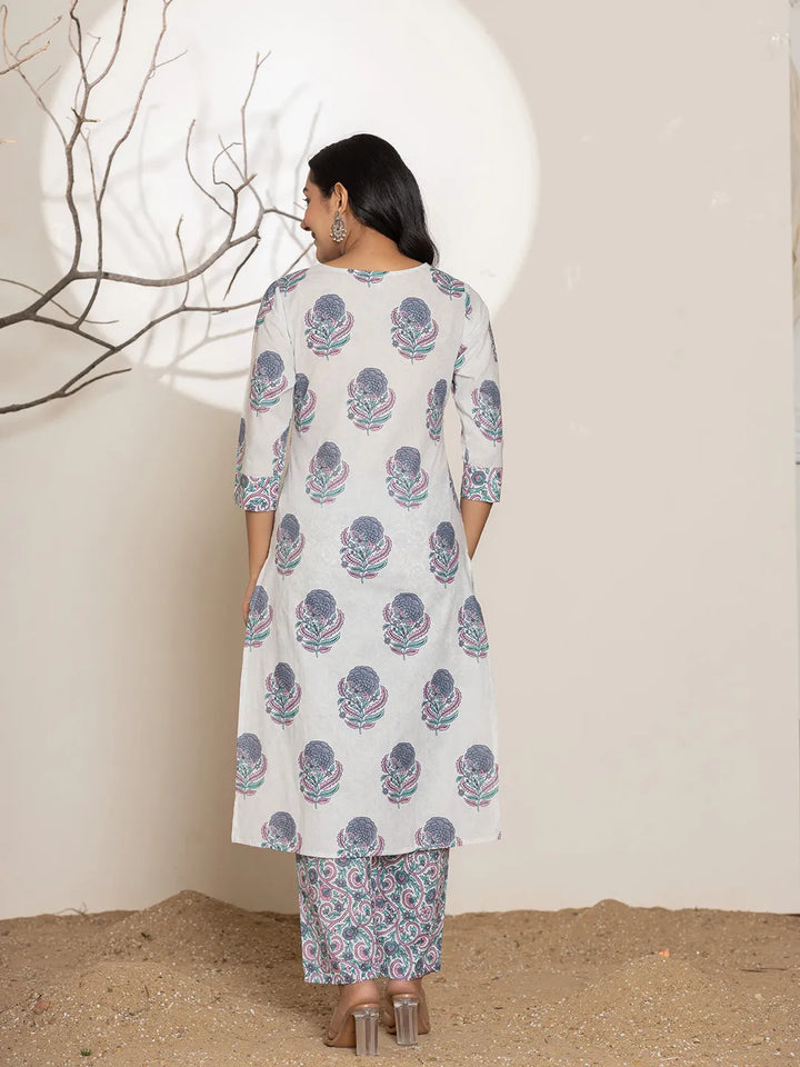 Blue & White Floral Print Cotton Straight Kurta Dupatta Set-Yufta Store-7002SKDBLS