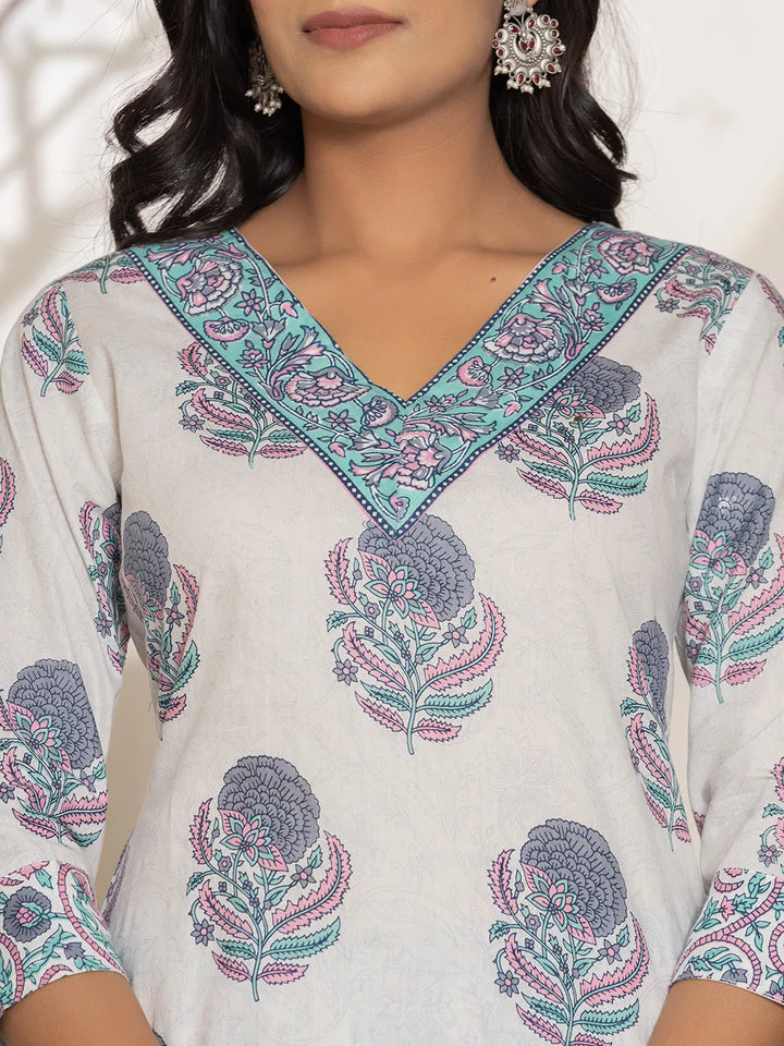 Blue & White Floral Print Cotton Straight Kurta Dupatta Set-Yufta Store-7002SKDBLS