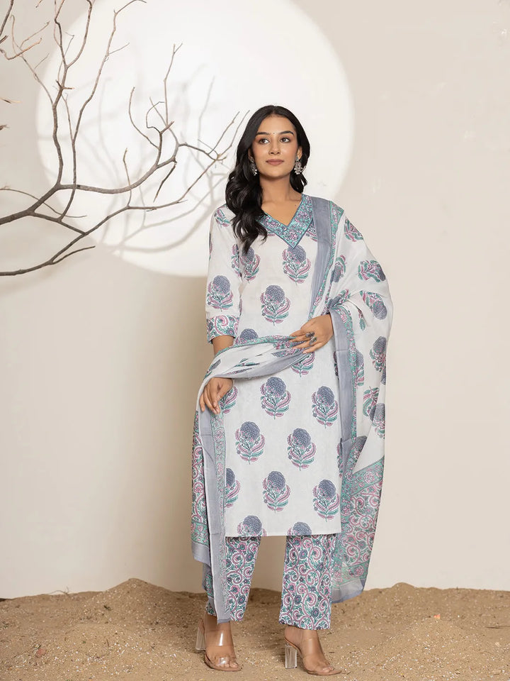Blue & White Floral Print Cotton Straight Kurta Dupatta Set-Yufta Store-7002SKDBLS