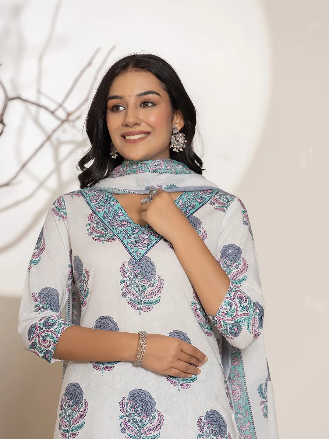 Blue & White Floral Print Cotton Straight Kurta Dupatta Set-Yufta Store-7002SKDBLS