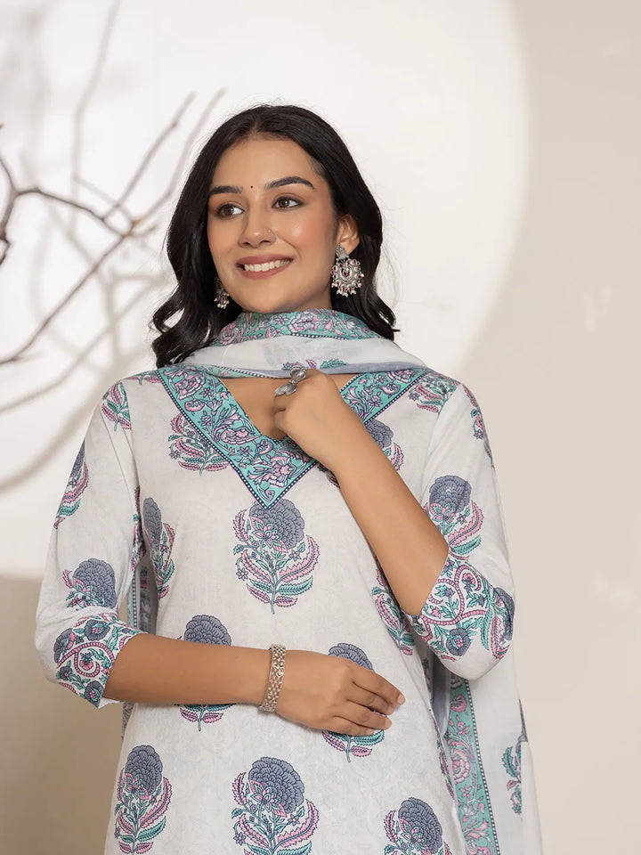 Blue & White Floral Print Cotton Straight Kurta Dupatta Set-Yufta Store-7002SKDBLS