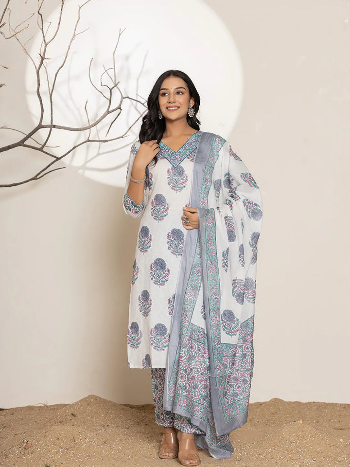 Blue & White Floral Print Cotton Straight Kurta Dupatta Set-Yufta Store-7002SKDBLS