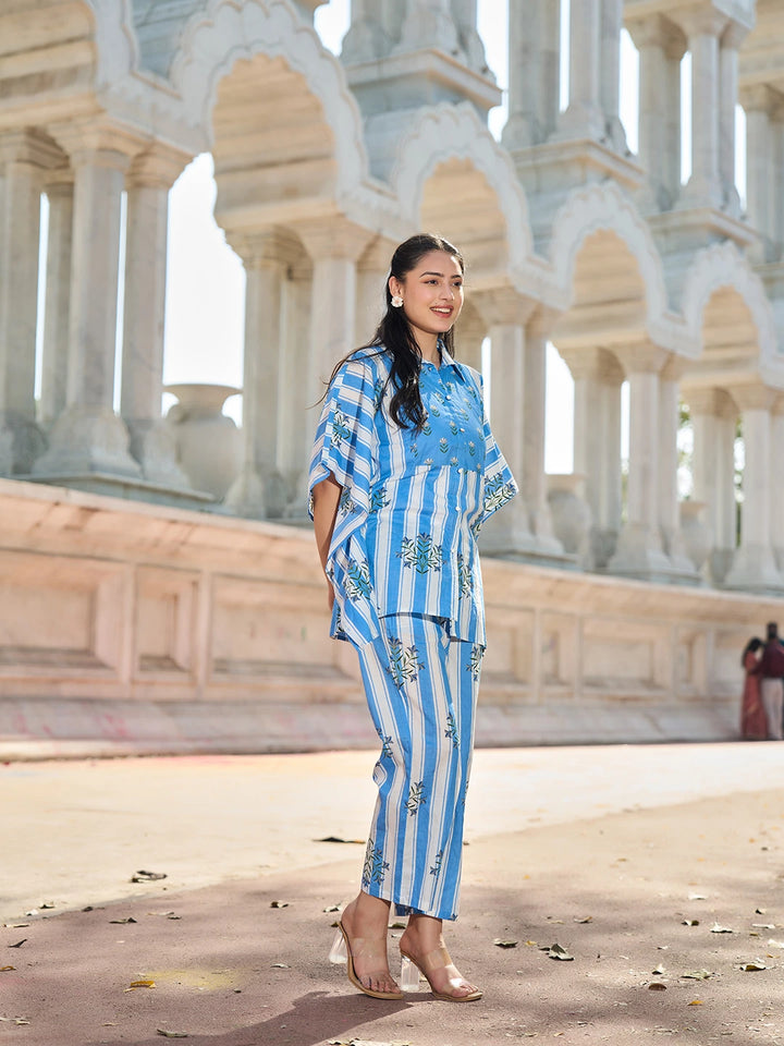 Blue Zig Zag Thigh Length Co-Ord Set-Yufta Store-7449CRDBLM