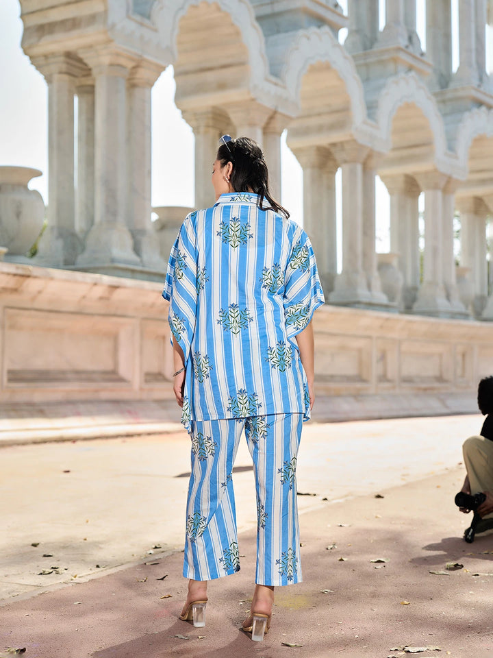 Blue Zig Zag Thigh Length Co-Ord Set-Yufta Store-7449CRDBLM
