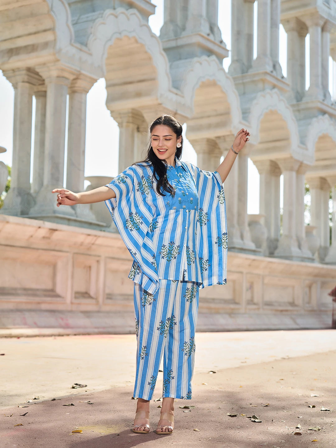 Blue Zig Zag Thigh Length Co-Ord Set-Yufta Store-7449CRDBLM