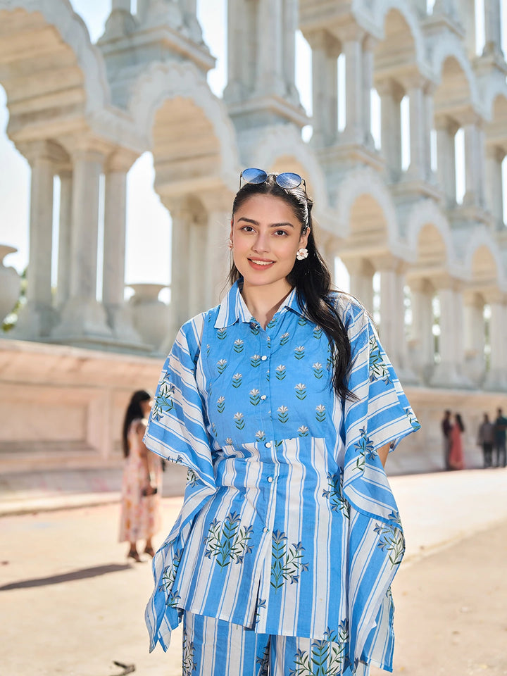 Blue Zig Zag Thigh Length Co-Ord Set-Yufta Store-7449CRDBLM