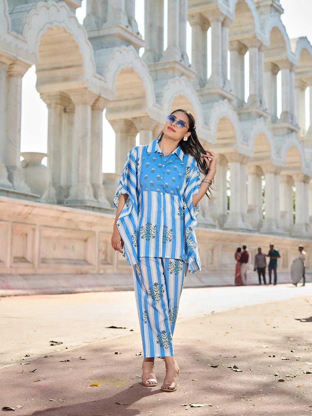 Blue Zig Zag Thigh Length Co-Ord Set-Yufta Store-7449CRDBLM