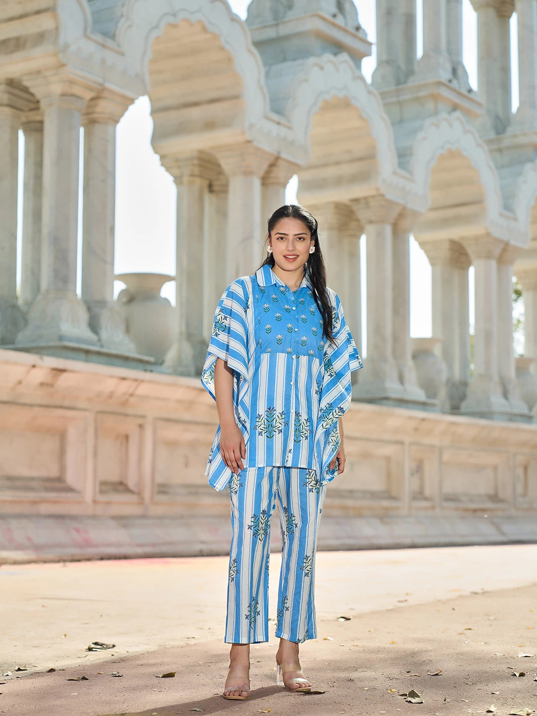 Blue Zig Zag Thigh Length Co-Ord Set-Yufta Store-7449CRDBLM