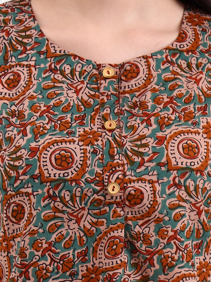 Brown And Turquoise Blue Cotton Sleeveless Crop Top