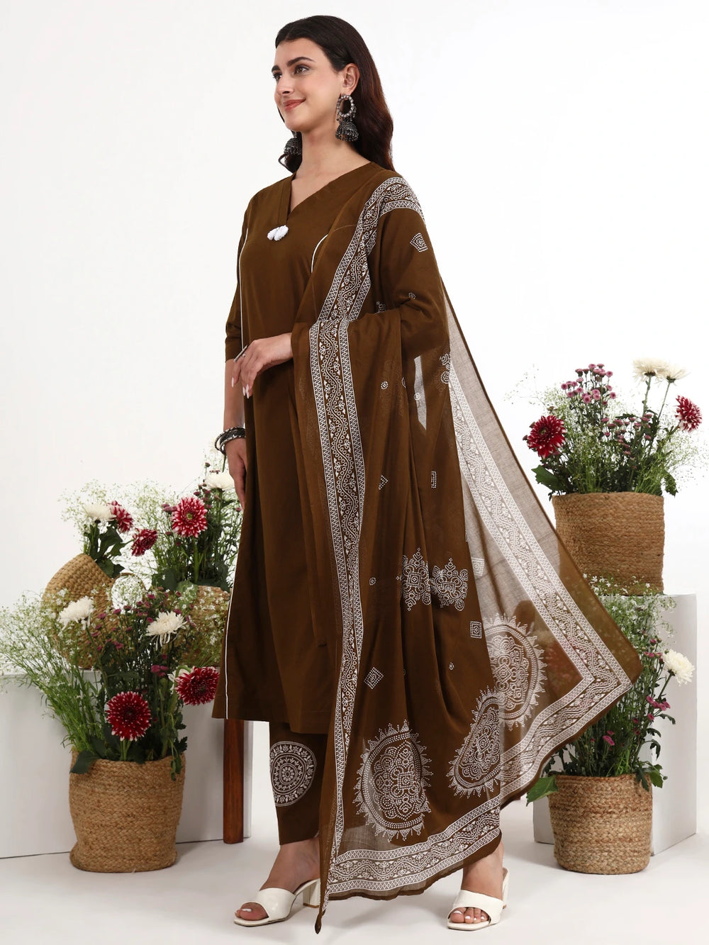 Brown Cotton Kalidaar Style Kurta Pant Dupatta Set-Yufta Store-7661SKDBRM