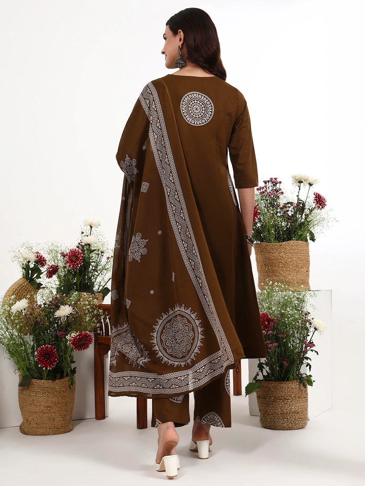 Brown Cotton Kalidaar Style Kurta Pant Dupatta Set-Yufta Store-7661SKDBRM