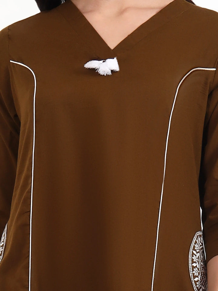 Brown Cotton Kalidaar Style Kurta Pant Dupatta Set-Yufta Store-7661SKDBRM