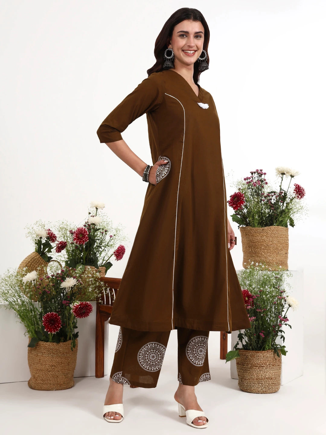 Brown Cotton Kalidaar Style Kurta Pant Dupatta Set-Yufta Store-7661SKDBRM