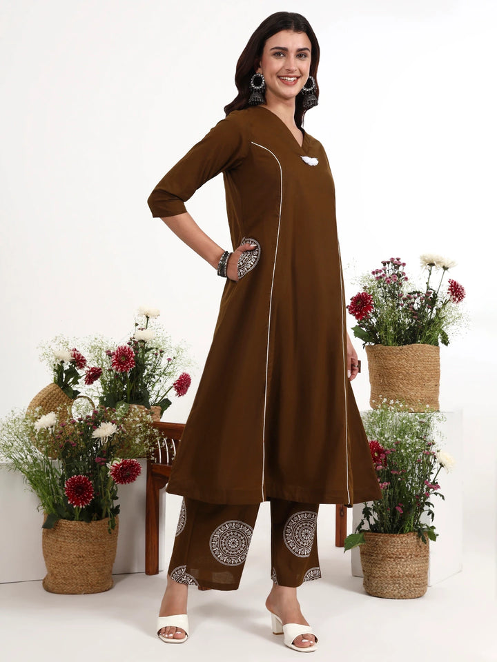Brown Cotton Kalidaar Style Kurta Pant Dupatta Set-Yufta Store-7661SKDBRM