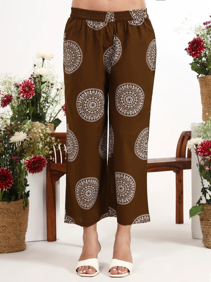 Brown Cotton Kalidaar Style Kurta Pant Dupatta Set-Yufta Store-7661SKDBRM
