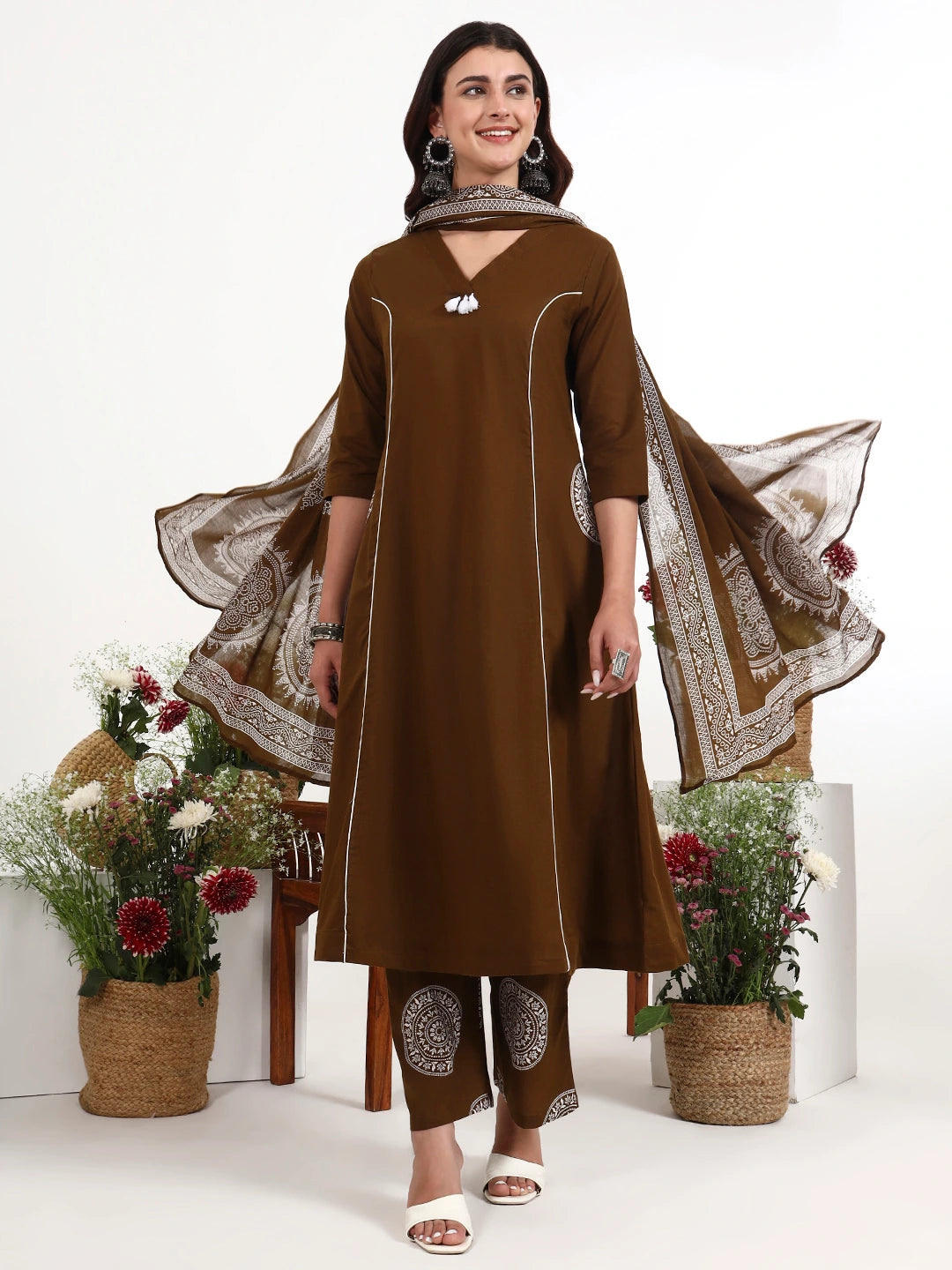 Brown Cotton Kalidaar Style Kurta Pant Dupatta Set-Yufta Store-7661SKDBRM