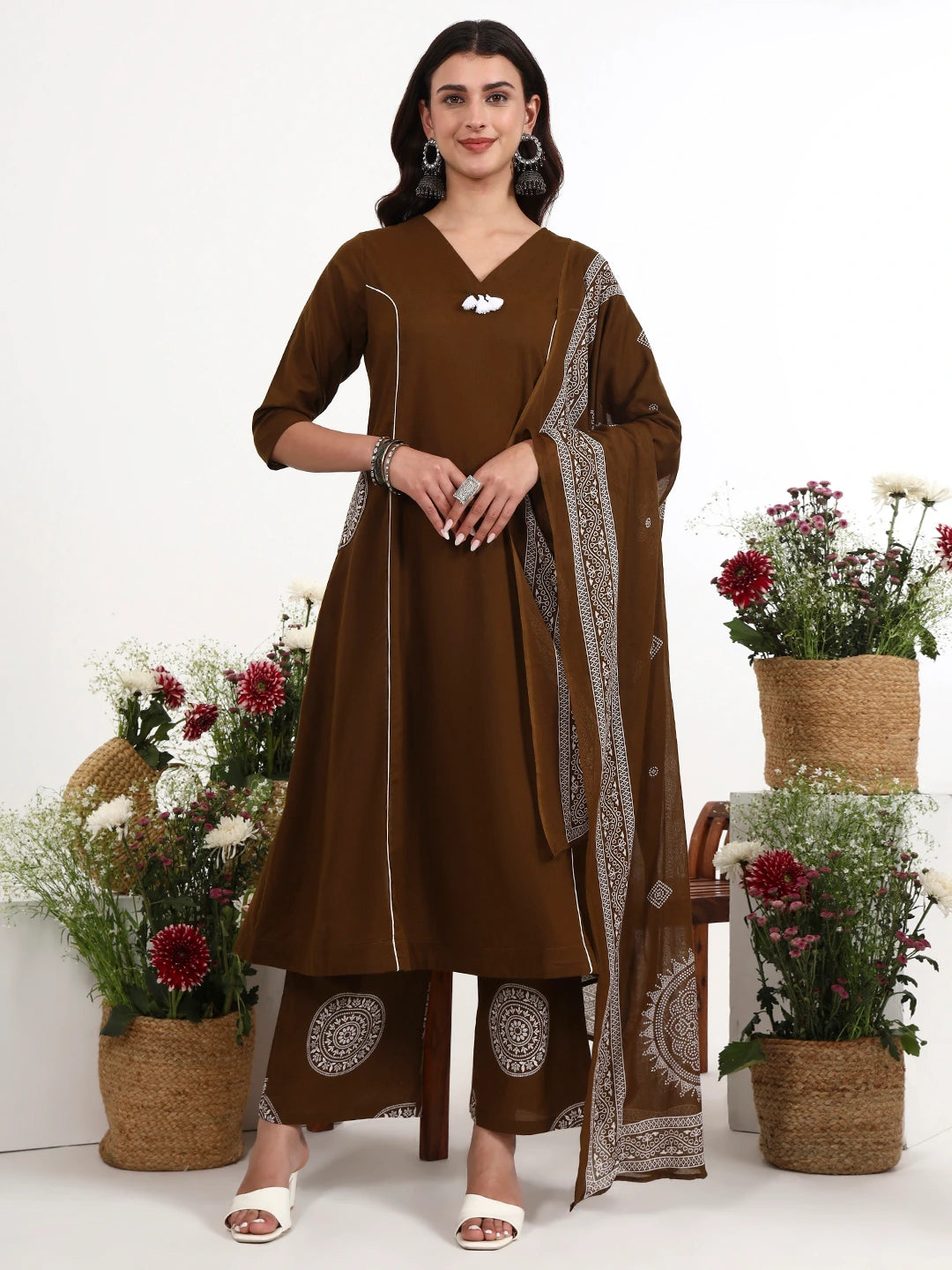 Brown Cotton Kalidaar Style Kurta Pant Dupatta Set-Yufta Store-7661SKDBRM