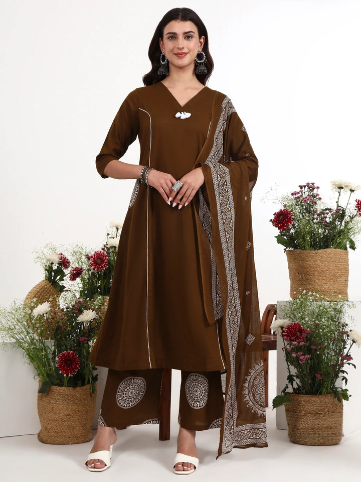 Brown Cotton Kalidaar Style Kurta Pant Dupatta Set-Yufta Store-7661SKDBRM