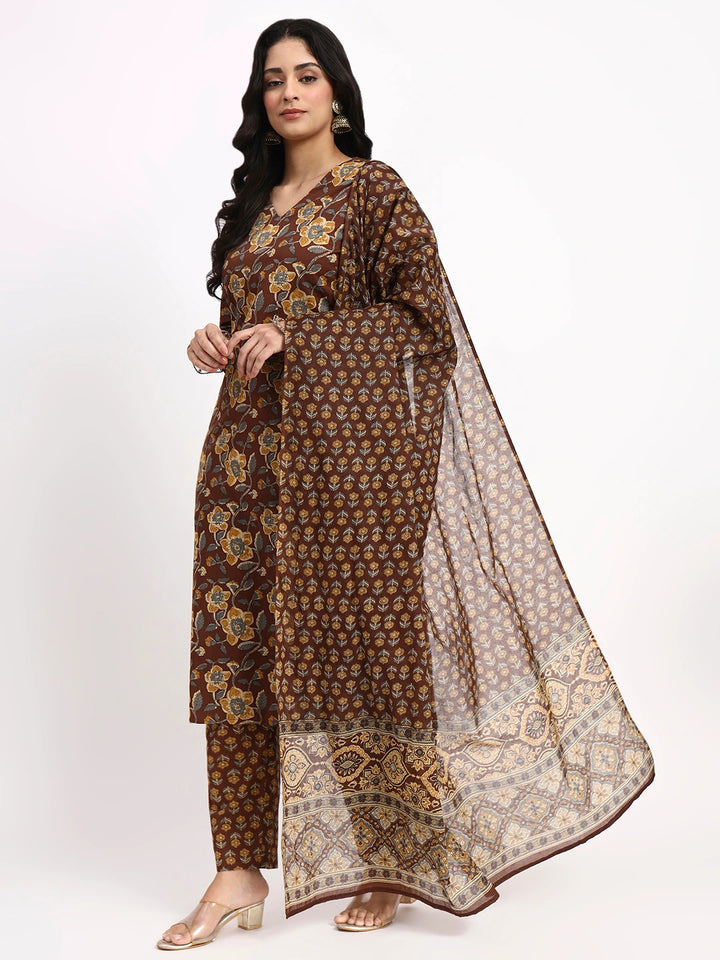 Brown Cotton Straight Kurta Pant Dupatta Set