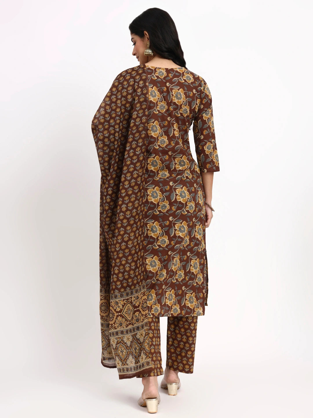 Brown Cotton Straight Kurta Pant Dupatta Set