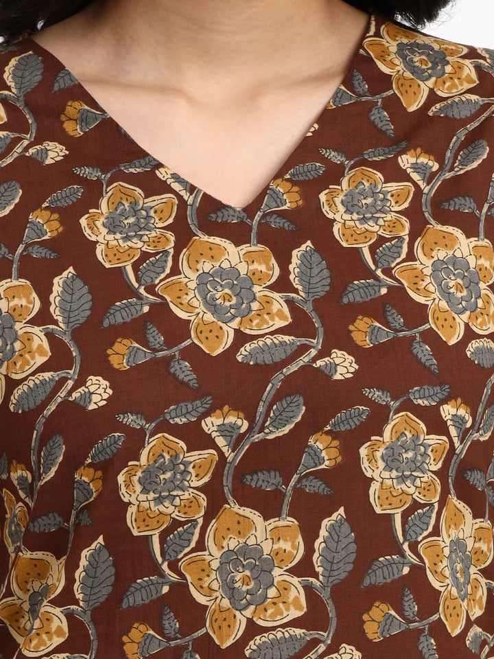 Brown Cotton Straight Kurta Pant Dupatta Set