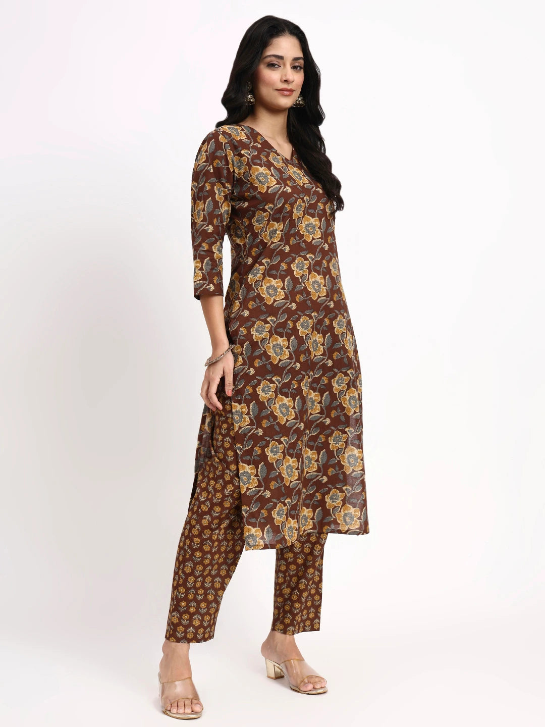 Brown Cotton Straight Kurta Pant Dupatta Set