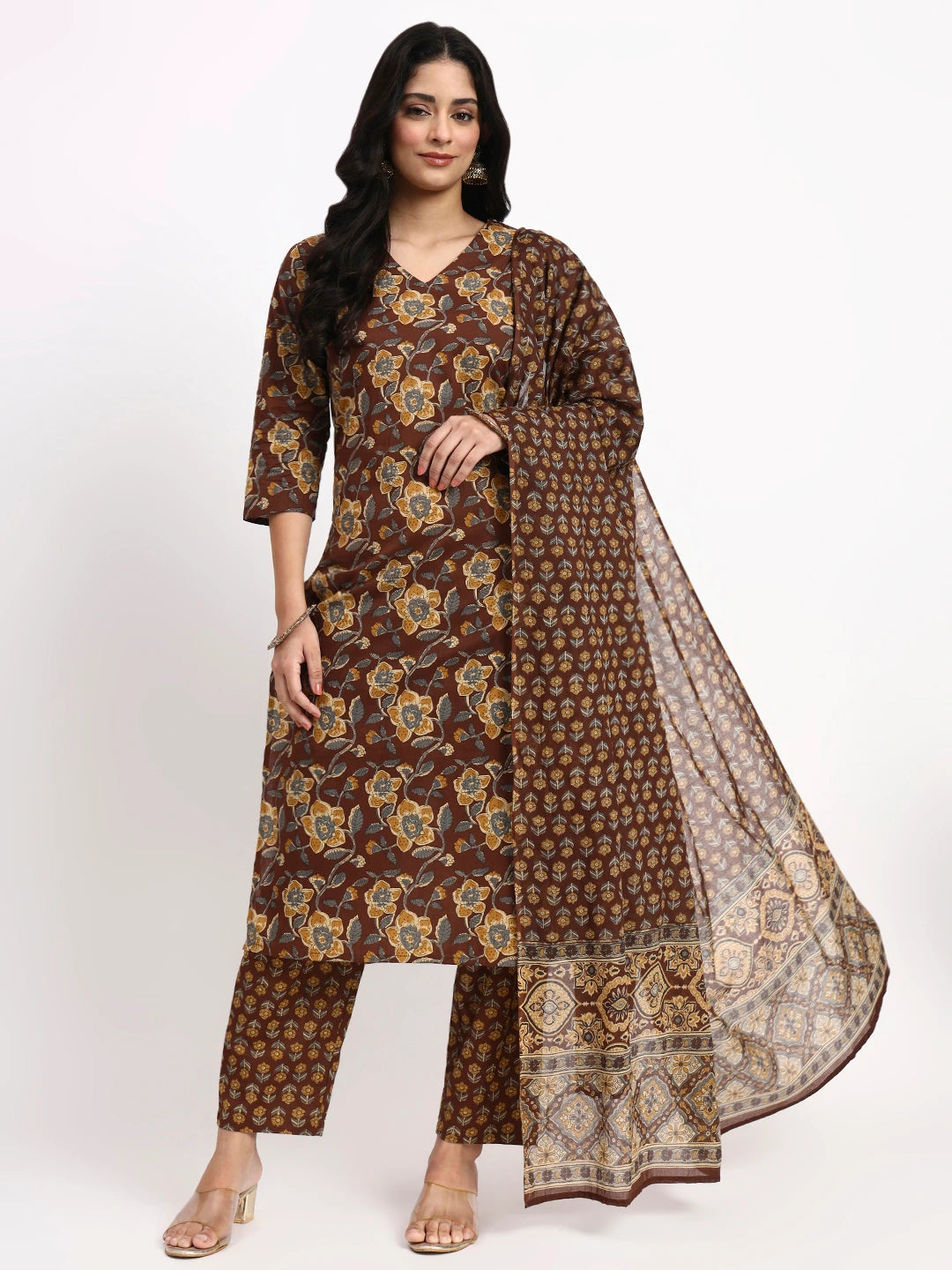 Brown Cotton Straight Kurta Pant Dupatta Set