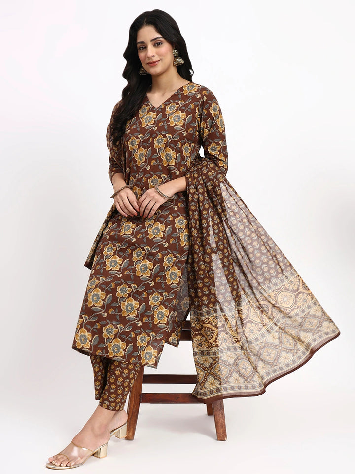 Brown Cotton Straight Kurta Pant Dupatta Set