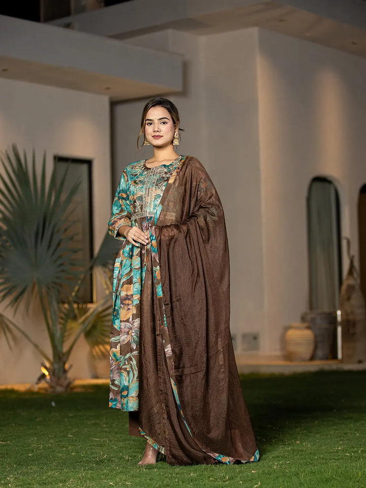 Brown Floral Print Malmal Fit And Flare Suit Set-Yufta Store-6963SKDBRS