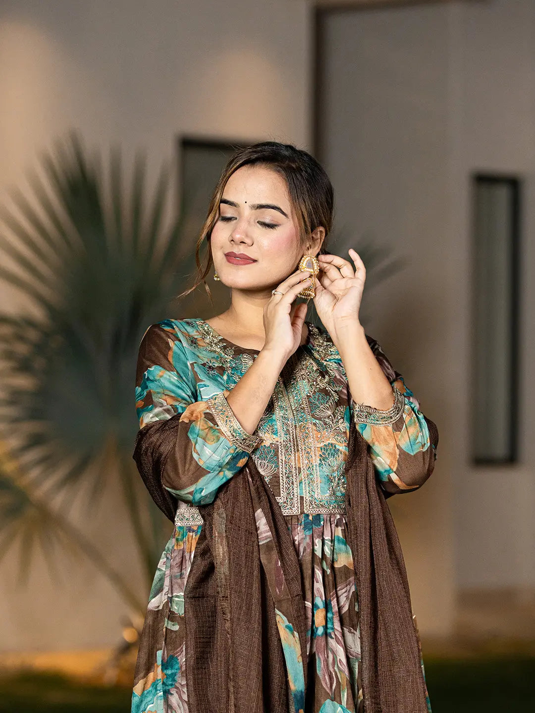 Brown Floral Print Malmal Fit And Flare Suit Set-Yufta Store-6963SKDBRS