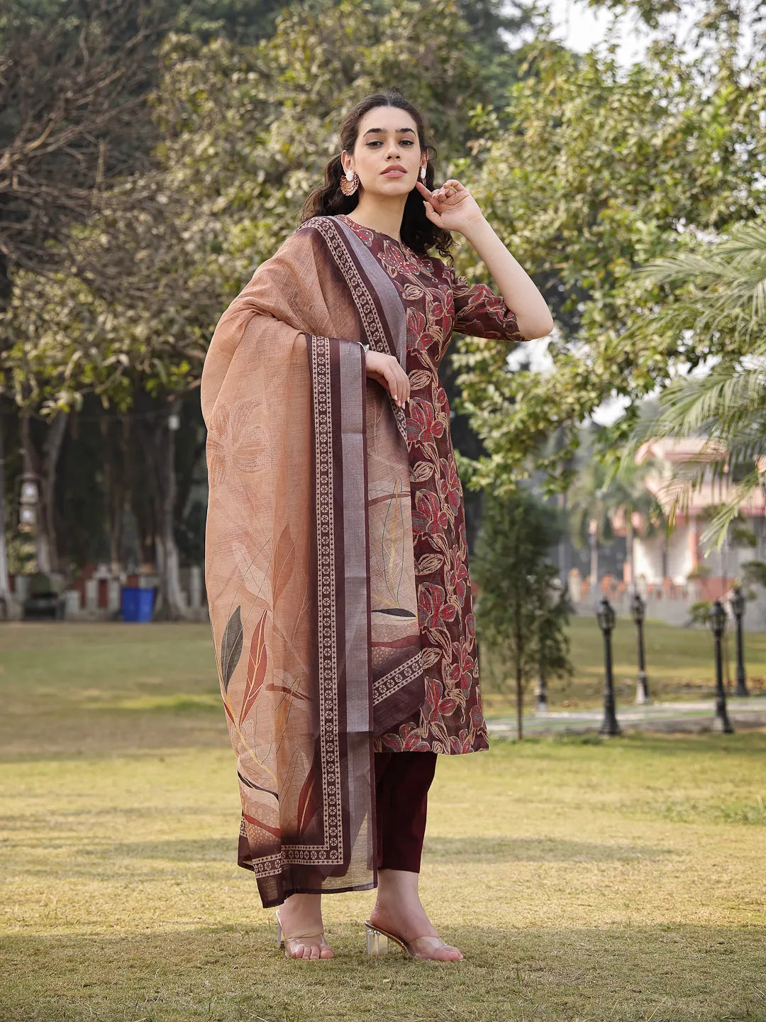 Brown Floral Print Sequins Work Linen Flared Kurta Trouser Dupatta Set