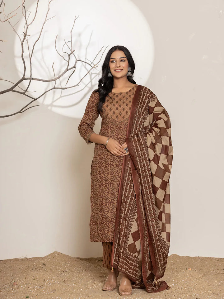 Brown Leaf Print Cotton Straight Kurta Dupatta Set-Yufta Store-6972SKDBRS