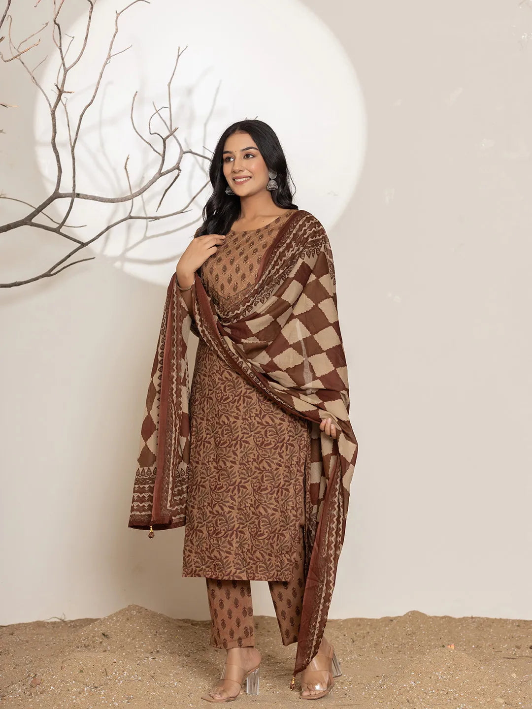 Brown Leaf Print Cotton Straight Kurta Dupatta Set-Yufta Store-6972SKDBRS