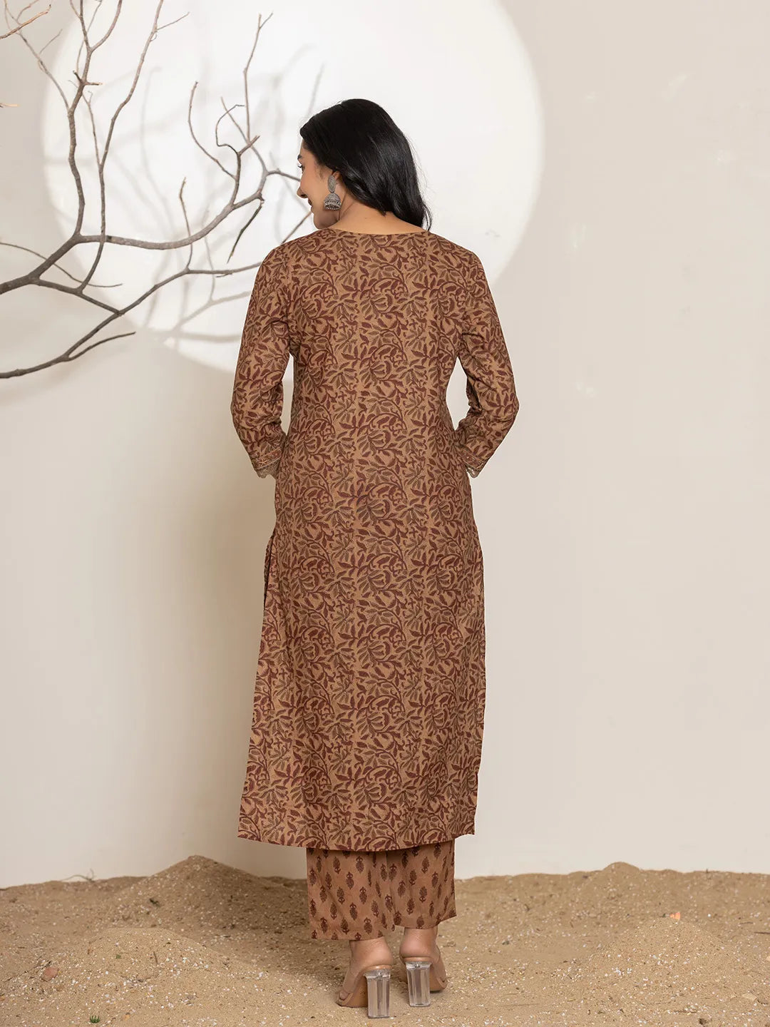 Brown Leaf Print Cotton Straight Kurta Dupatta Set-Yufta Store-6972SKDBRS