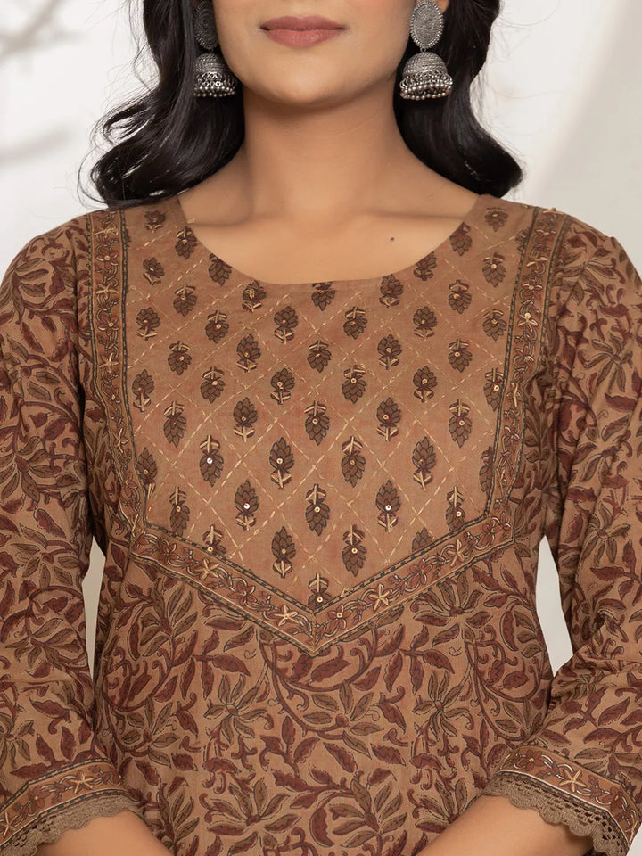 Brown Leaf Print Cotton Straight Kurta Dupatta Set-Yufta Store-6972SKDBRS