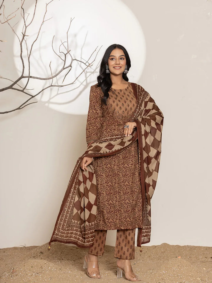 Brown Leaf Print Cotton Straight Kurta Dupatta Set-Yufta Store-6972SKDBRS