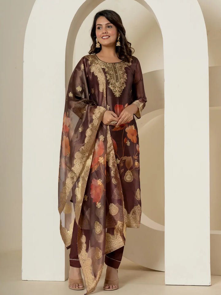 Brown Tissue Kurta Dupatta Pant Set-Yufta Store-7214SKDBRM