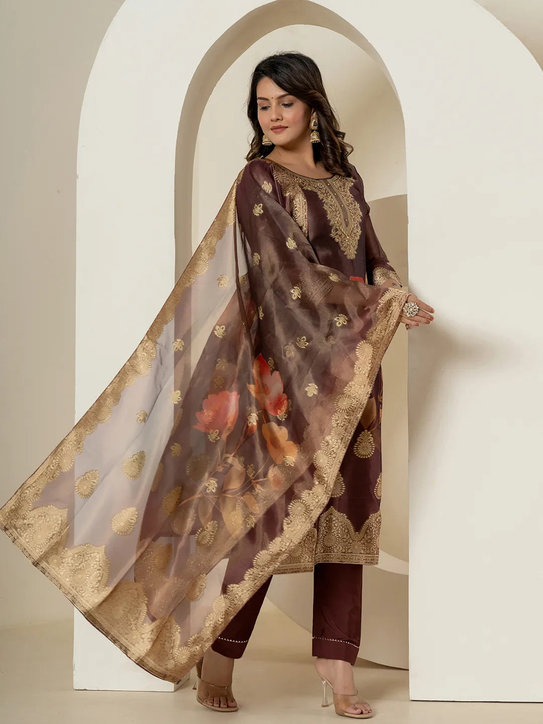 Brown Tissue Kurta Dupatta Pant Set-Yufta Store-7214SKDBRM