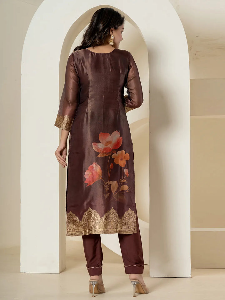 Brown Tissue Kurta Dupatta Pant Set-Yufta Store-7214SKDBRM