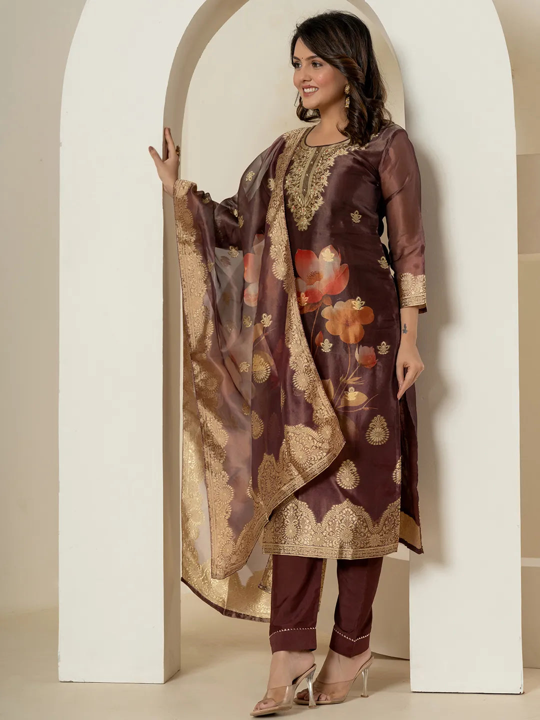 Brown Tissue Kurta Dupatta Pant Set-Yufta Store-7214SKDBRM